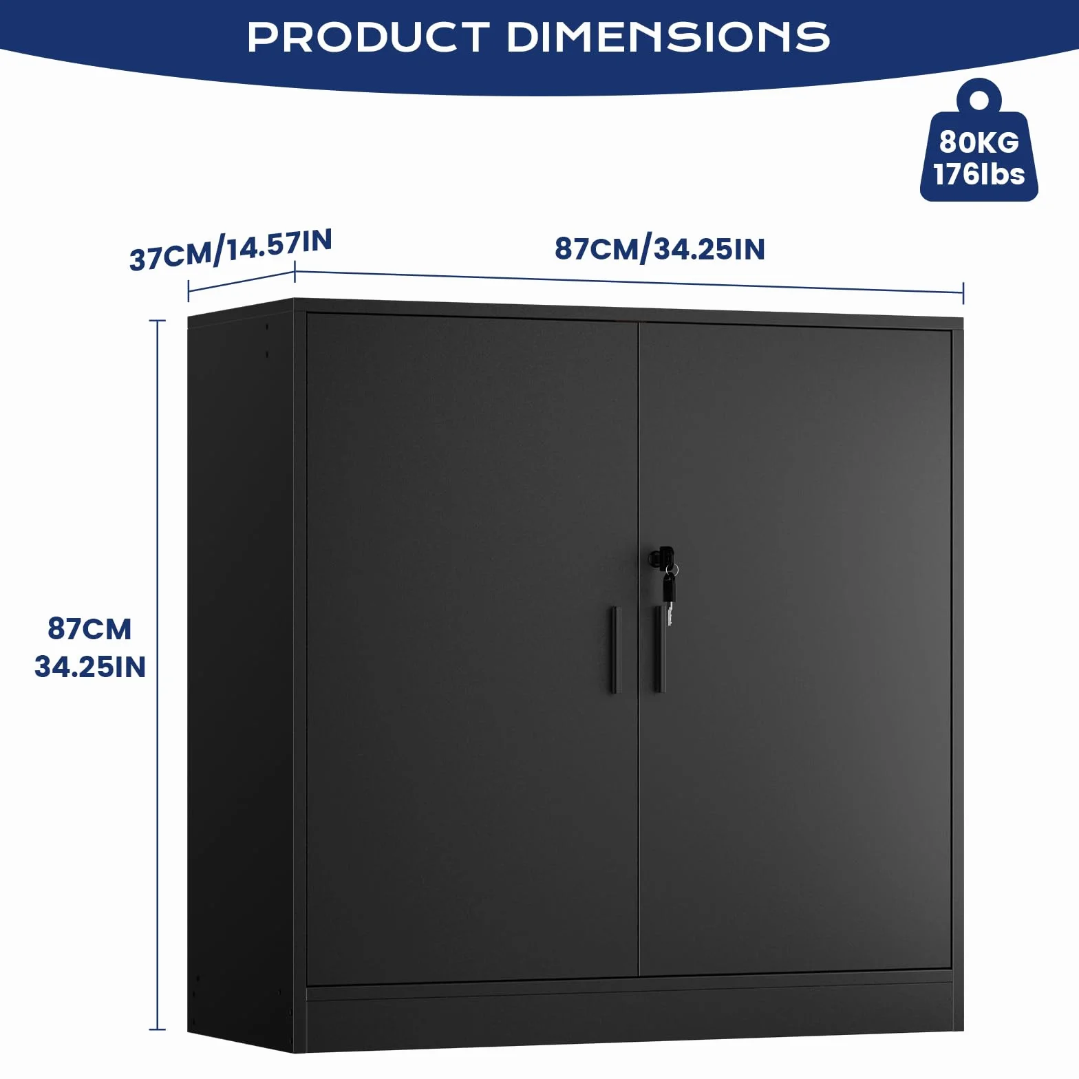 Armoire de Bureau, Meuble Rangement Bureau Fermant à clé, Armoire de Rangement pour Garage Salon Chambre Buffet Imprimante Papier Administratif avec 2 Porte, Placages Réglables, Noir