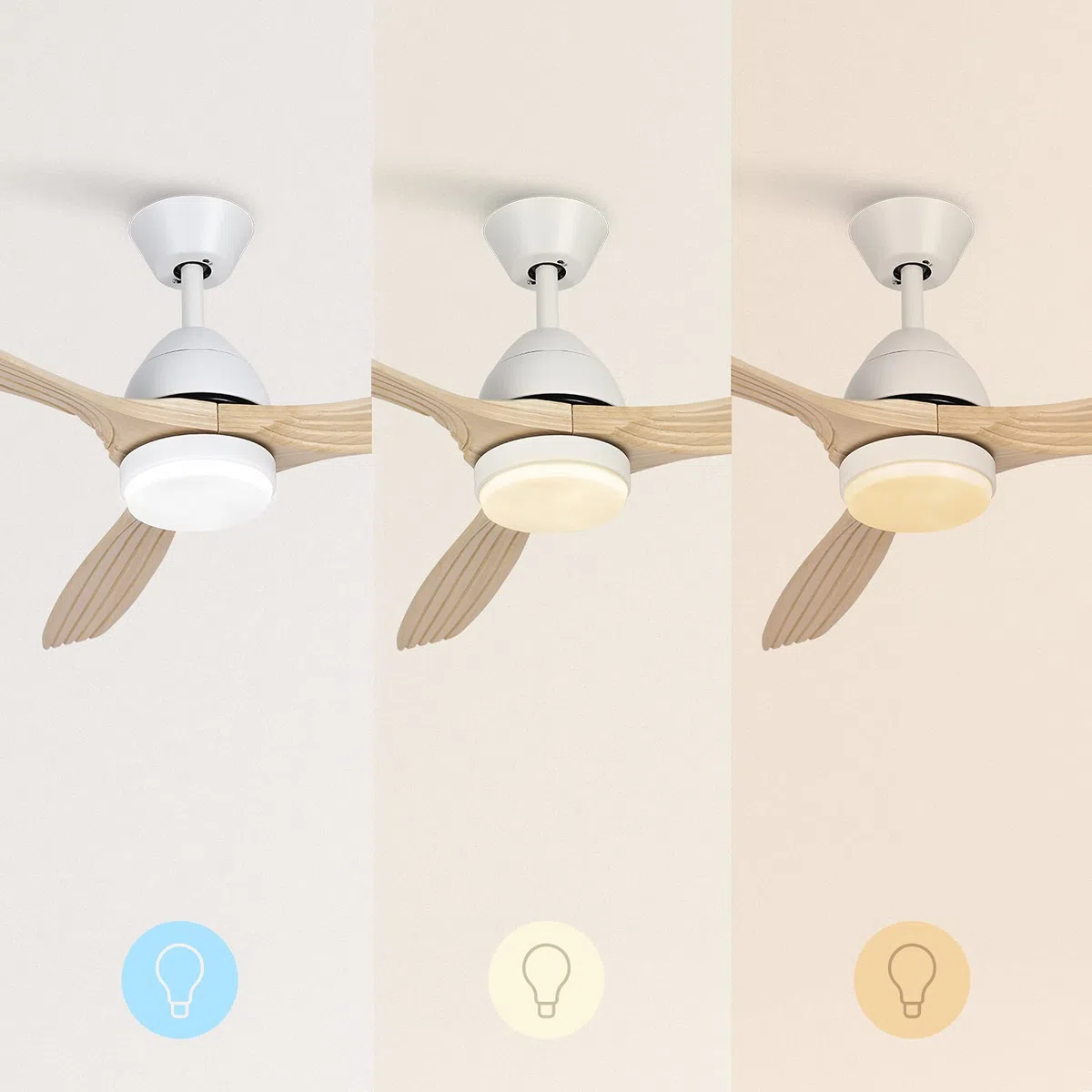 CREATE / WINDCUP/Ventilateur de plafond avec lumière et télécommande, blanc lames bois naturel / 40W, Silencieux, Ø132 cm, 6 vitesses, minuterie, été-hiver, double hauteur, moteur DC