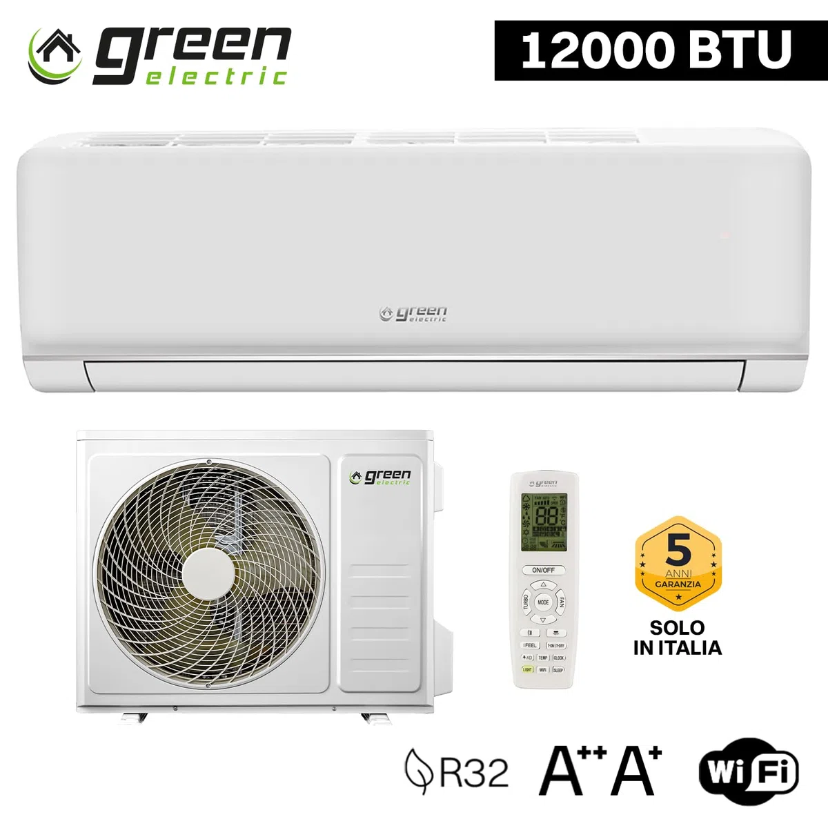 Climatiseur Mono Split Green Electric Plus 12000 BTU WiFi Efficacité Énergétique A++/A+ 3,5 kW, Climatiseur Mural à Faible Consommation avec Inverter Pompe à Chaleur et Unité Extérieure | Clim Mural à Faible Consommation avec Inverter Pompe à Chaleur et U