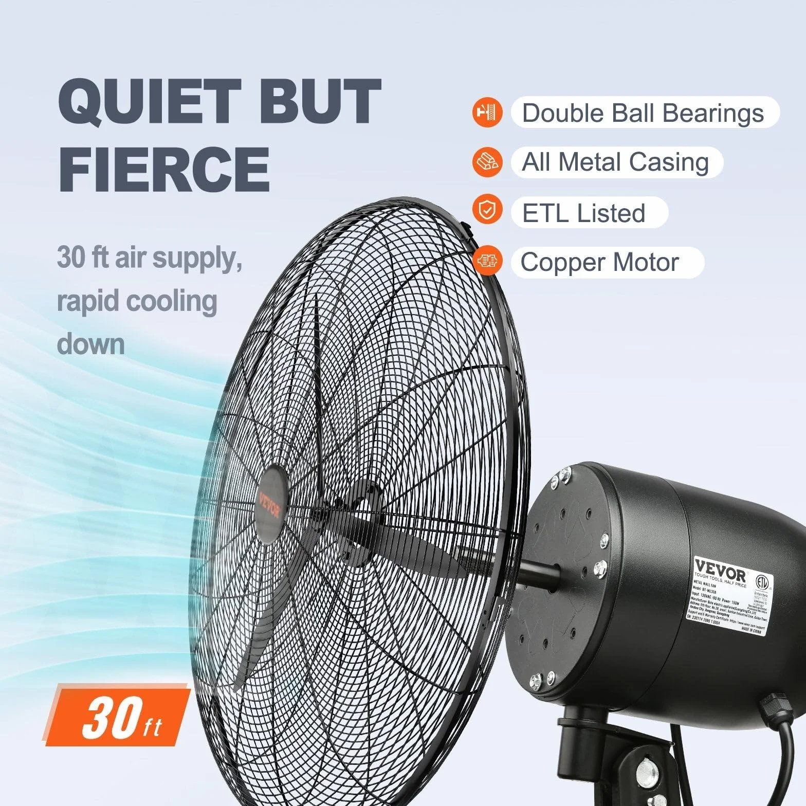 VEVOR Ventilateur brumisateur mural, 61,6 cm, ventilateur industriel oscillant étanche, 3 vitesses, 7000 CFM, ventilateur commercial ou résidentiel pour refroidissement entrepôt, serre, atelier, noir