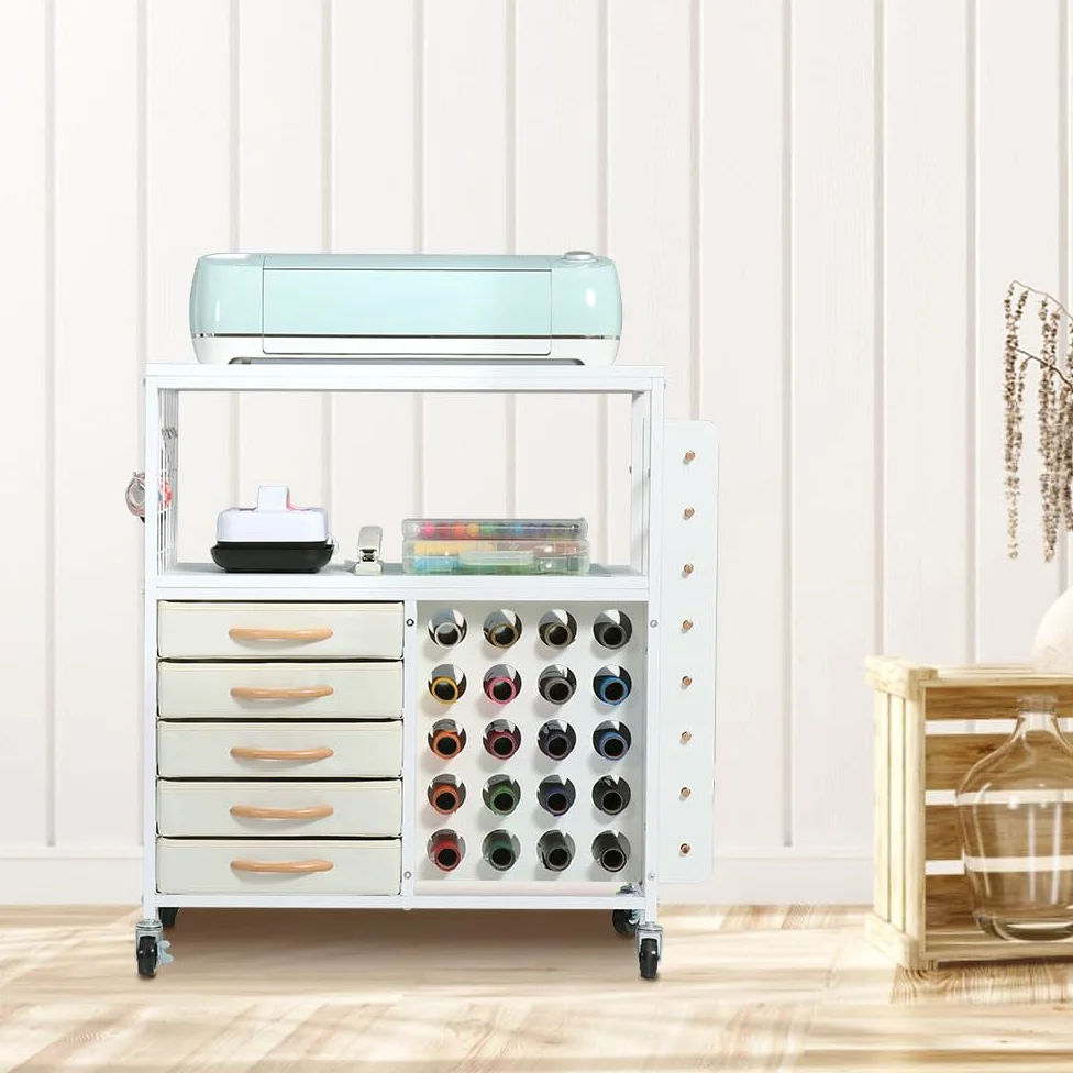 SMONTER Table d'organisation et de rangement pour machines Cricut, chariot roulant avec 28 supports de rouleau de vinyle et 5 tiroirs, support de presse à chaud avec crochets