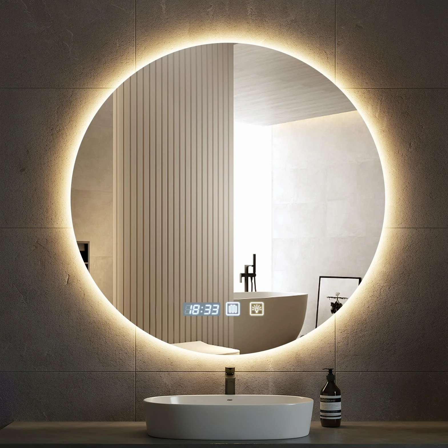 Miroir de Salle de Bain avec Éclairage 60 x 60 cm, Miroir LED Circulaire avec Anti-Buée, Dimmable, 3 Températures de Couleur, Réglage de L'heure, Fonction Mémoire, Capteur Tactile