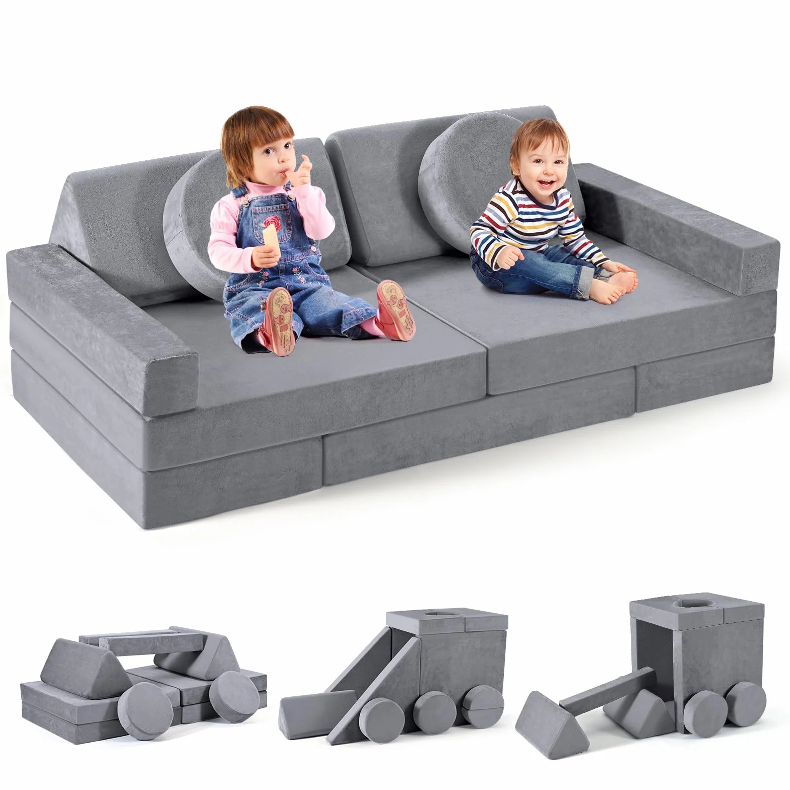 Canapé pour Enfants, canapé pour Enfants avec Blocs de Mousse, canapé modulable Pliable Multi-Styles, pour Espace de Couchage et Salle de Jeux pour Enfants (Gris-14pcs)