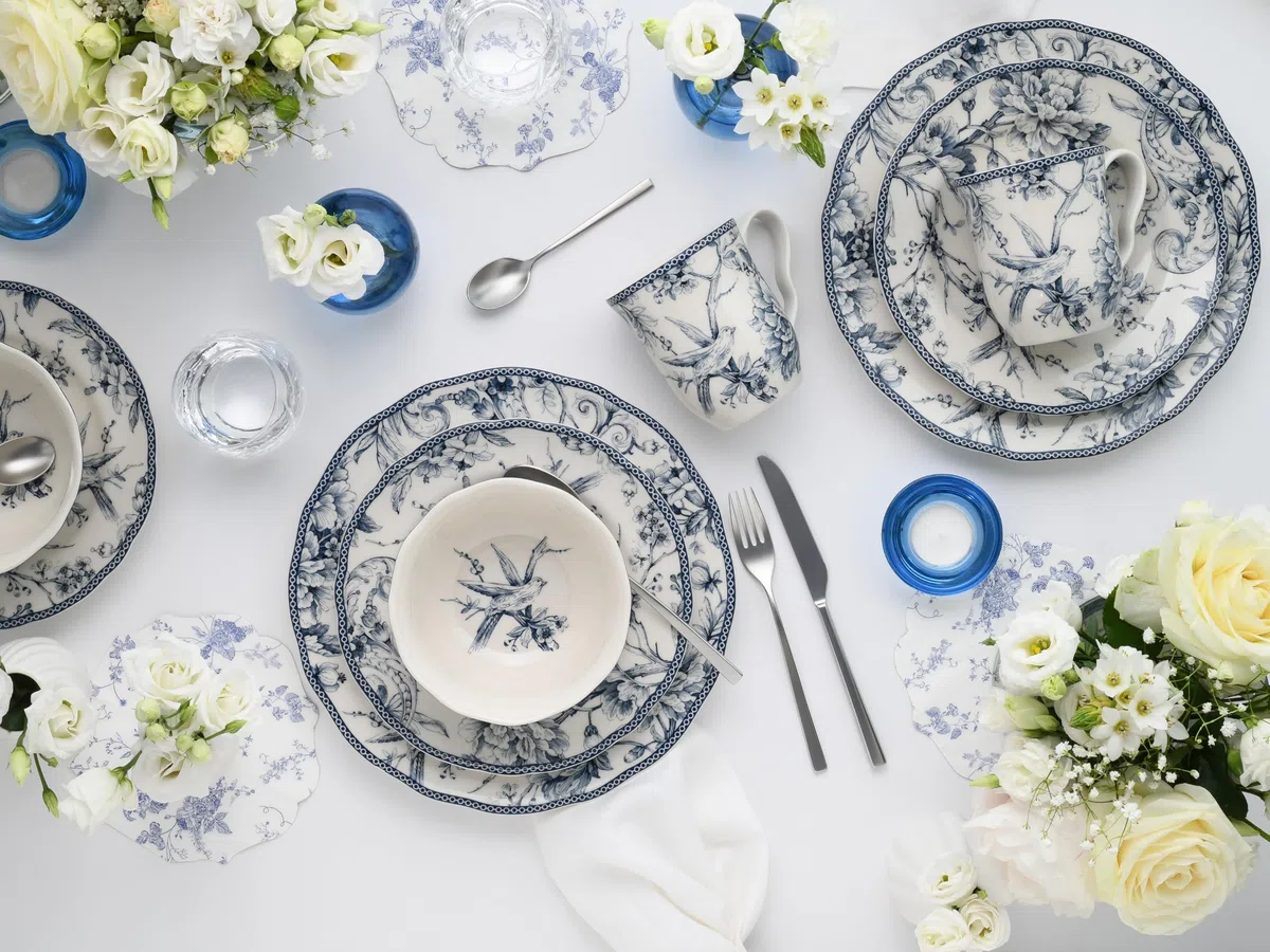 CreaTable, 24776 Série Adelaide Blue Service de table 16 pièces en porcelaine pour 4 personnes, passe au lave-vaisselle et au micro-ondes, production de qualité