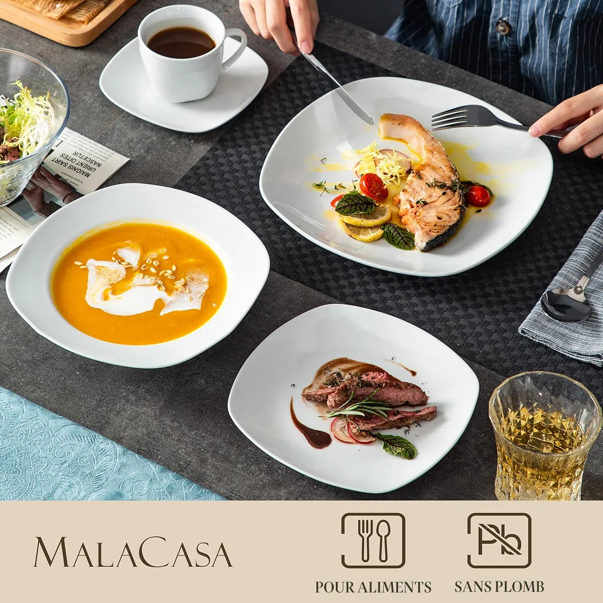 MALACASA Série Elisa, 60 Pcs Service de Table Porcelaine,Services Complets à Dinner, 12 Pcs * [Assiette Plat][Assiette Creuse][Assiette à Dessert][Tasse][Soucoupe]