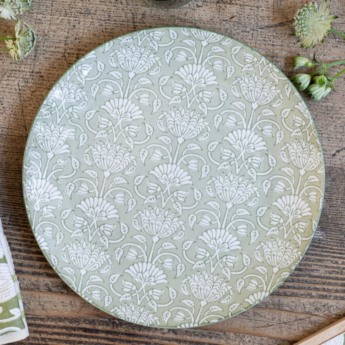 Lot De 6 Grandes Assiettes En Porcelaine, Ø26 Cm, Motifs Végétaux Blanc Et Vert, Collection Soliman, Design Français Élégant Pour Plats Principaux Et Présentations