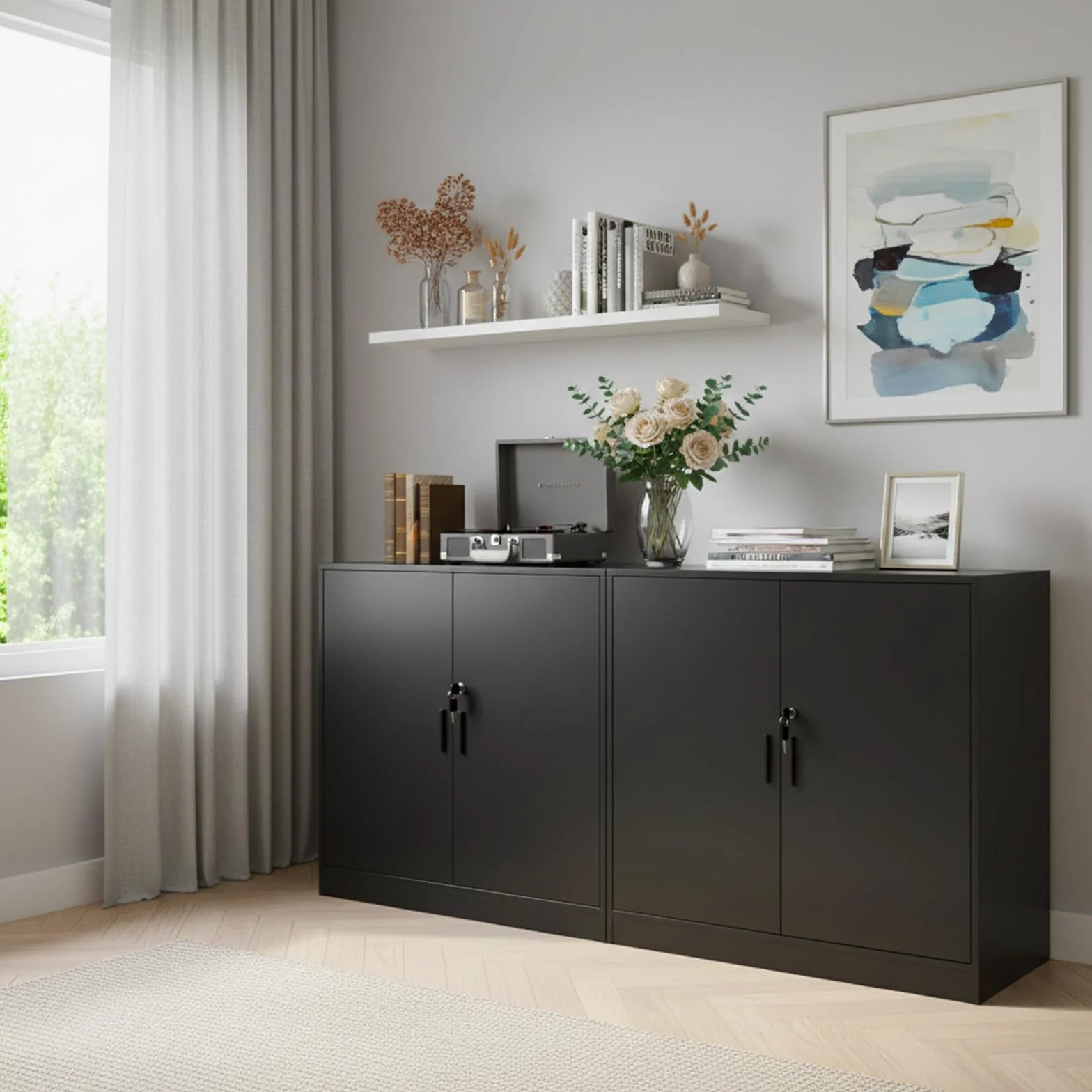 Armoire de Bureau, Meuble Rangement Bureau Fermant à clé, Armoire de Rangement pour Garage Salon Chambre Buffet Imprimante Papier Administratif avec 2 Porte, Placages Réglables, Noir