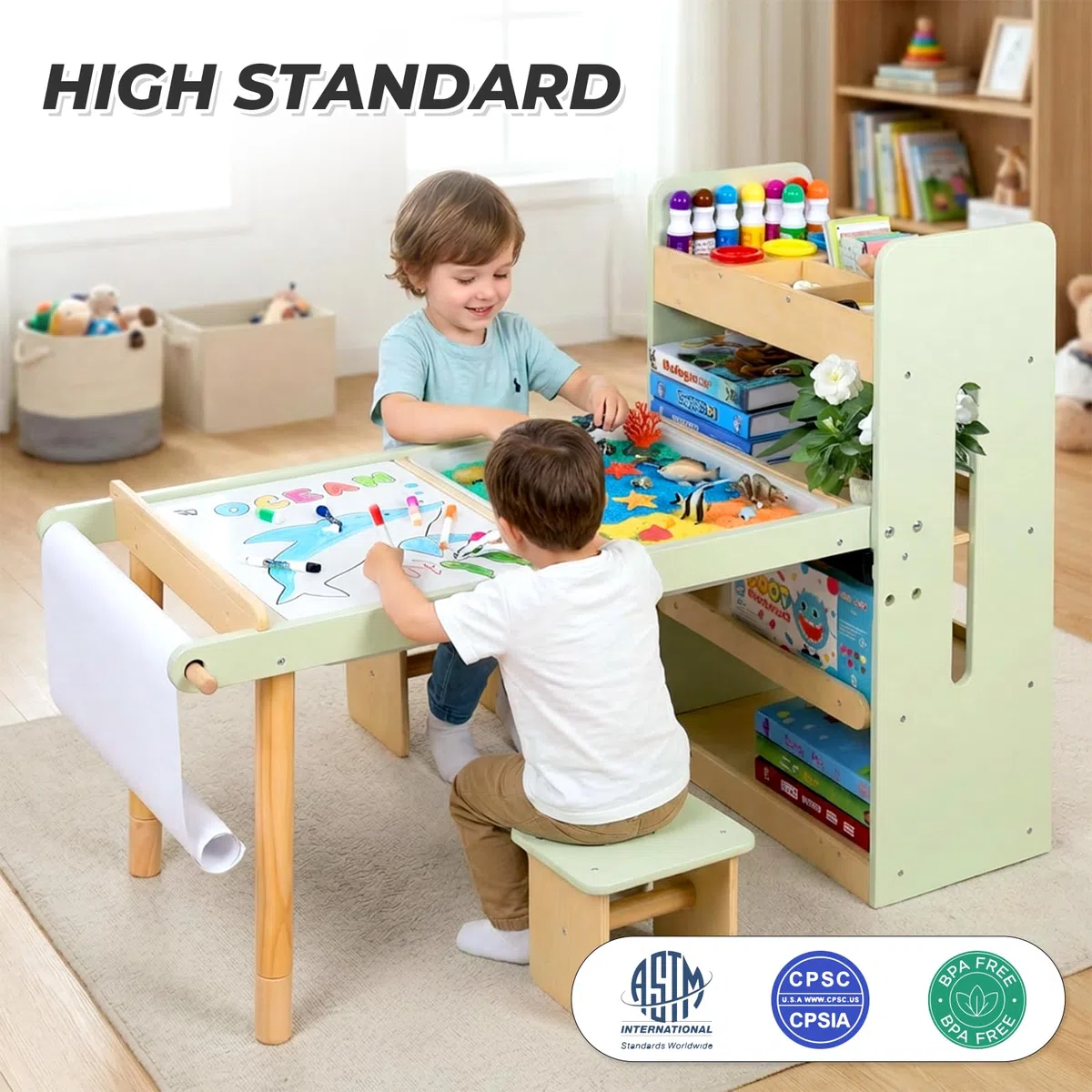 LOL-FUN Table Sensorielle pour Enfant avec 2 Petits Tabourets, Cadeau Table en Bois avec 2 Bacs de Rangement pour Garçons et Filles,Table D'activités pour Apprendre, Jouer et Dessin