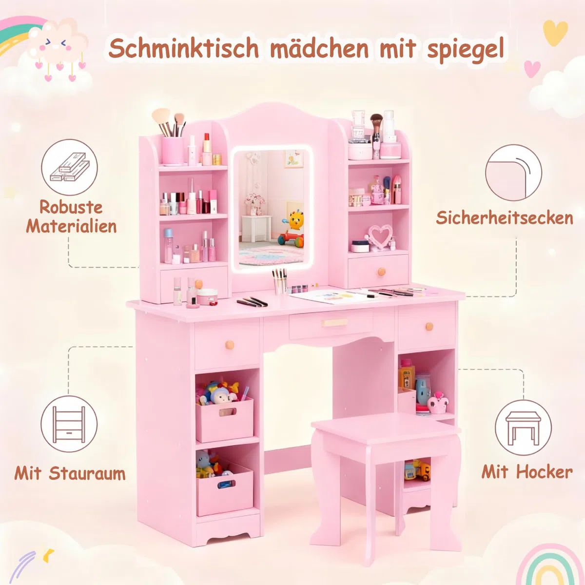 MAMIZO Coiffeuse pour Enfants avec Miroir LED, Coiffeuse pour Fille avec Tabouret, Table de Maquillage Fille avec 5 Tiroirs et 10 Compartiments de Rangement, 95x34x118cm, Bureau pour Enfant (Rose)