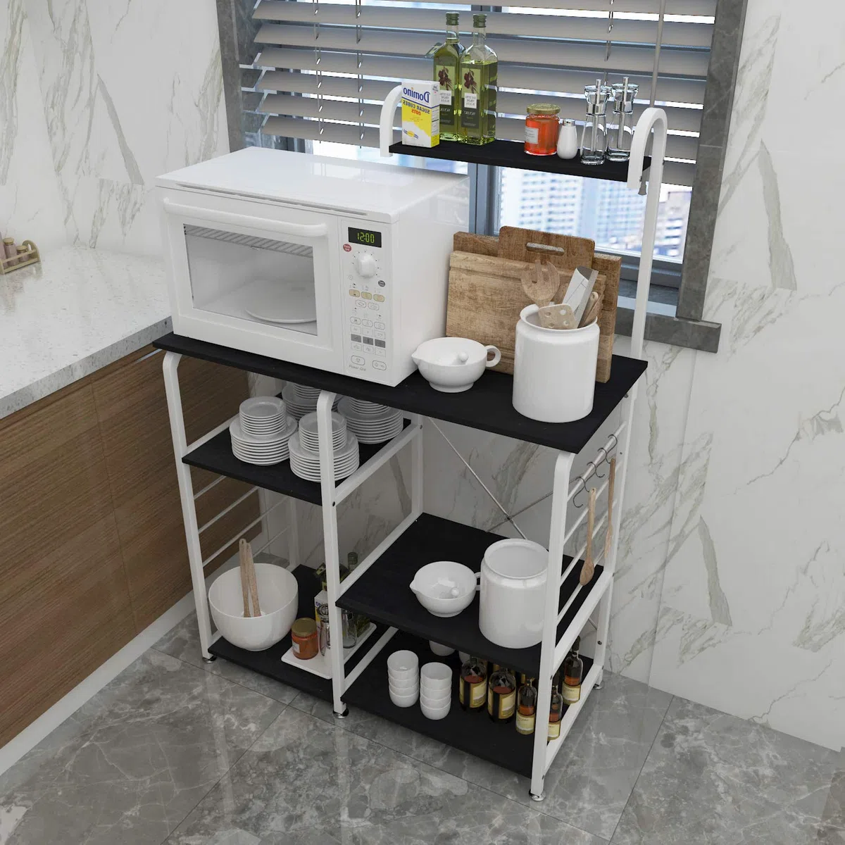 DlandHome Etagères de Cuisine pour Le Stockage, Meuble Rangement Desserte de Cuisine avec 3+4 Tablettes pour Micro-Ondes, Four, Outils de Cuisine, 90L * 42W * 130H cm Noir