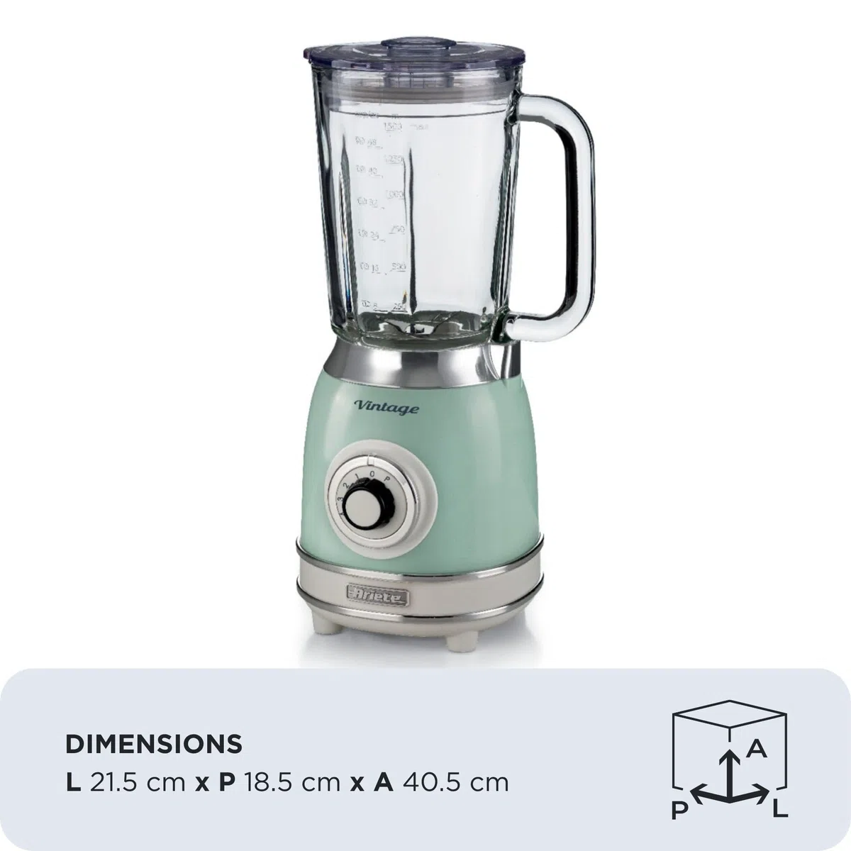 Ariete Mixeur en Verre Vintage 583, Blender Multifonctionnel avec 4 Lames, 4 Vitesses + Impulsion, Fonction Broyeur de Glace, Capacité de 1,5 Litre, 1000W, Vert