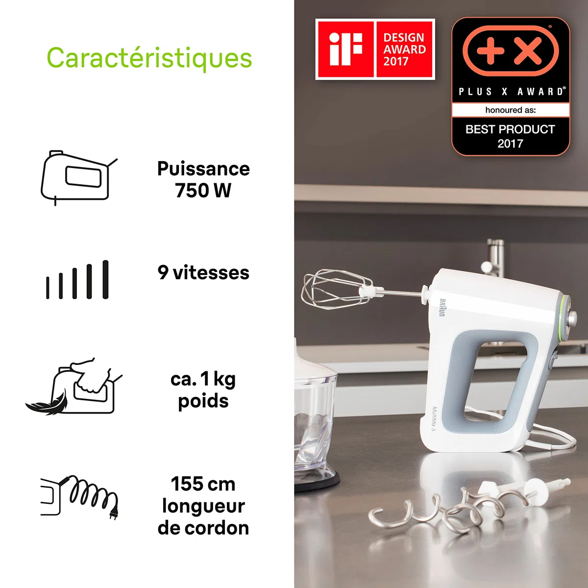 Braun HM5137WH Batteur avec Fouet/Pétrin amovibles Blanc/Gris 750 W