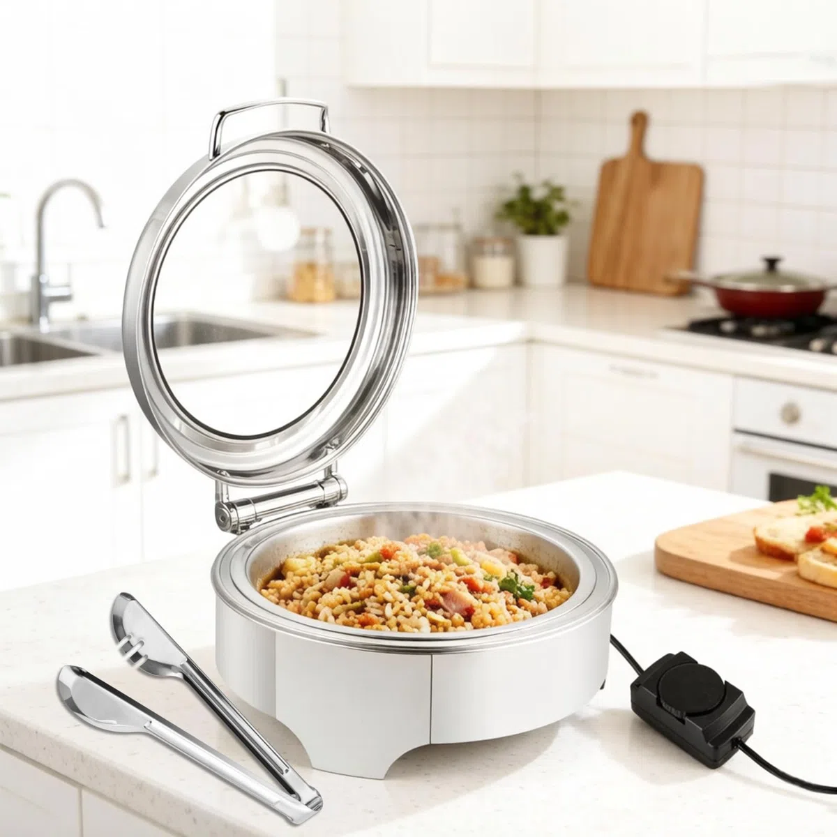 YUCHENGTECH Chauffe Plat Buffet Rond Électrique 6L Chauffe Plat Buffet INOX Chafing Dish Électrique Professionnel avec Température Réglable et Couvercle en Verre